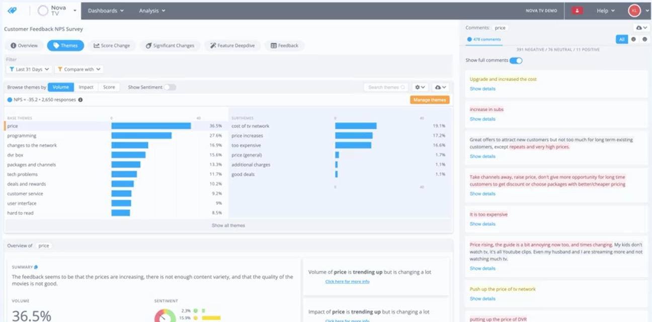 Customer feedback NPS dashboard showing AI-identified themes with price as top concern.