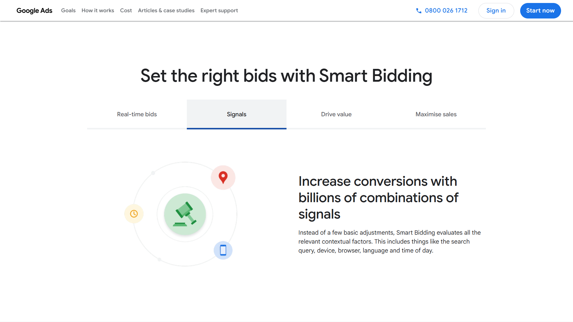 Google Ads Smart Bidding interface showing AI-powered signal optimization for conversions.