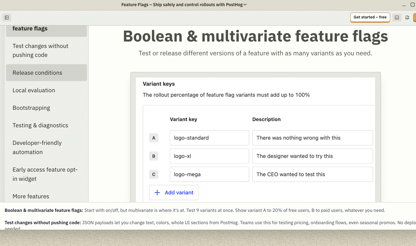 PostHog documentation page displaying Boolean and multivariate feature flags configuration table with variant keys, rollout percentages, and descriptions.