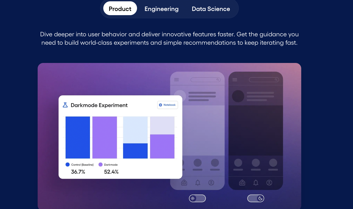 PostHog's Quickstart Experiment dashboard showing a bar chart comparing user experience metrics with blue and purple bars representing different variants.