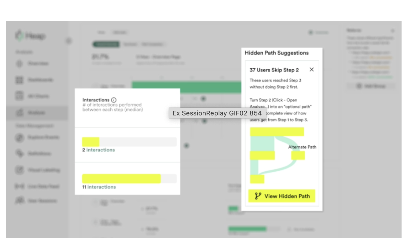 Heap analytics showing 37 users skipping Step 2 in the conversion funnel.