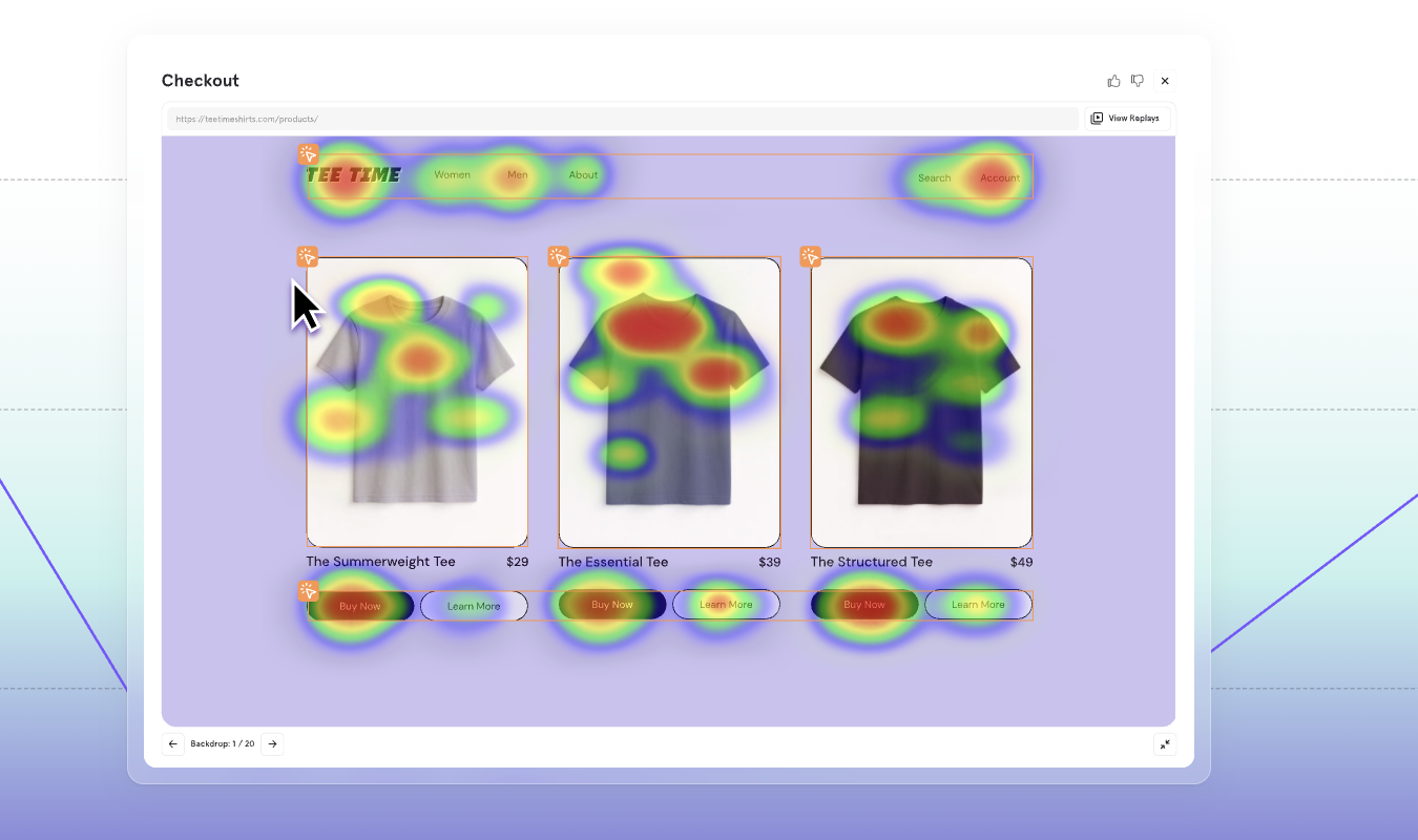 Heatmap showing user clicks on e-commerce product page with t-shirts.