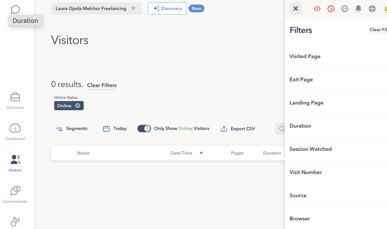 Lucky Orange visitors dashboard with filter panel