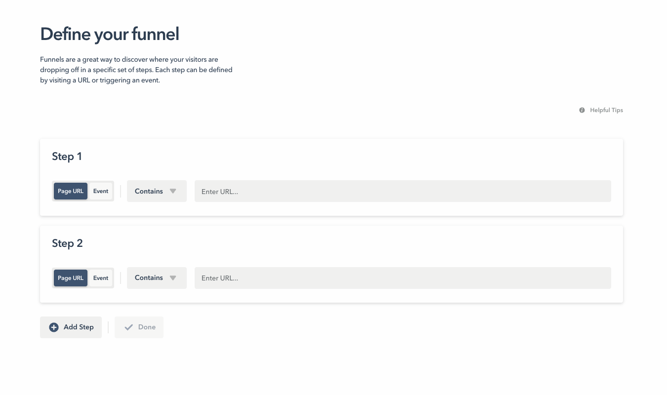Funnel configuration with URL step fields in Lucky Orange.