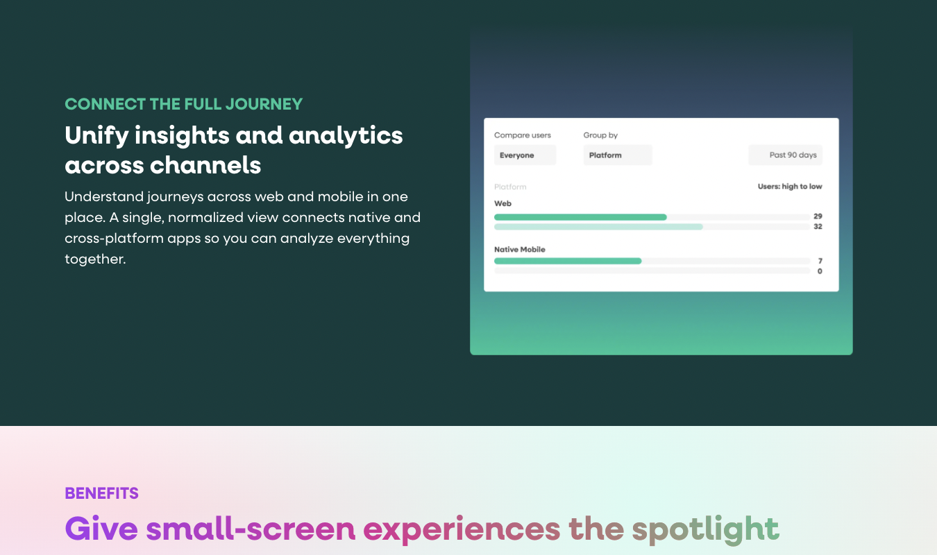 Analytics dashboard unifying web and native mobile user journey data across platforms.