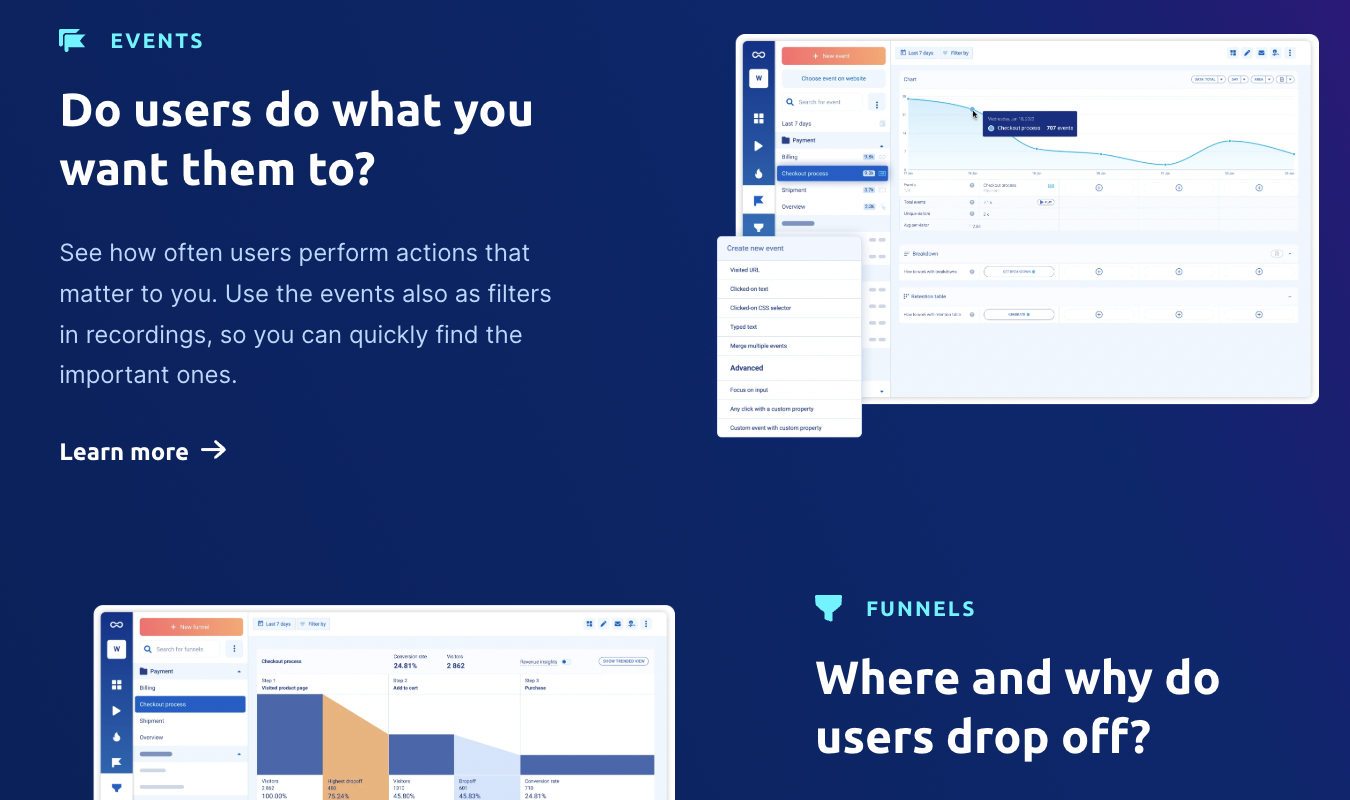 Events and Funnels features showing user behavior tracking and drop-off analysis.