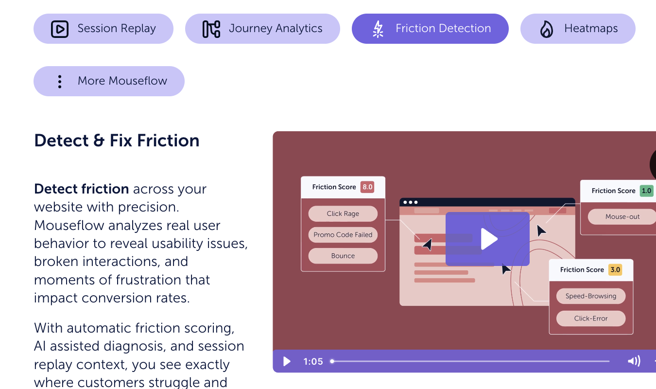 Friction detection feature showing friction scores and session replay.