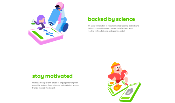 Duolingo features section with "backed by science" and "stay motivated" copy alongside colorful character illustrations.