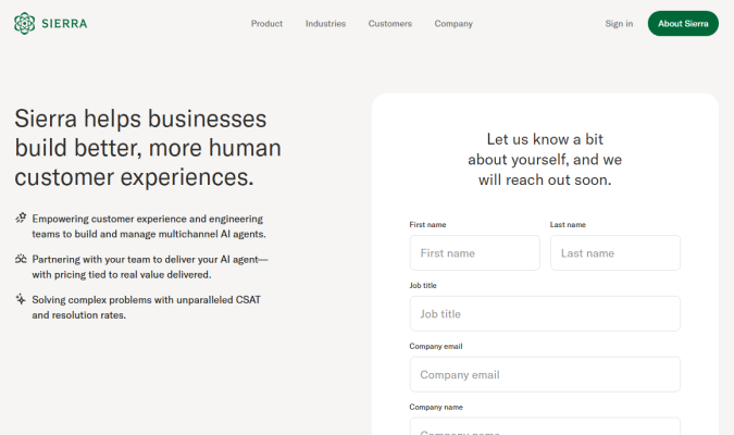 Sierra AI homepage with headline about building better customer experiences paired with a lead gen contact form.