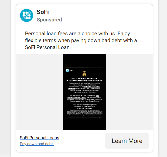 SoFi sponsored social ad promoting personal loans with flexible terms for paying down debt.