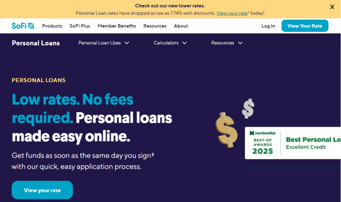 SoFi personal loans landing page hero with headline "Low rates. No fees required. Personal loans made easy online."