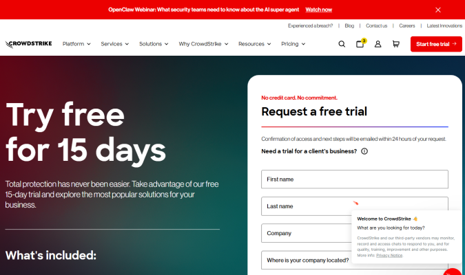 CrowdStrike cybersecurity landing page offering a 15-day free trial with a sign-up form.