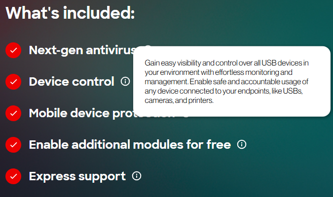 CrowdStrike "What's included" checklist featuring next-gen antivirus, device control, mobile protection, and express support.
