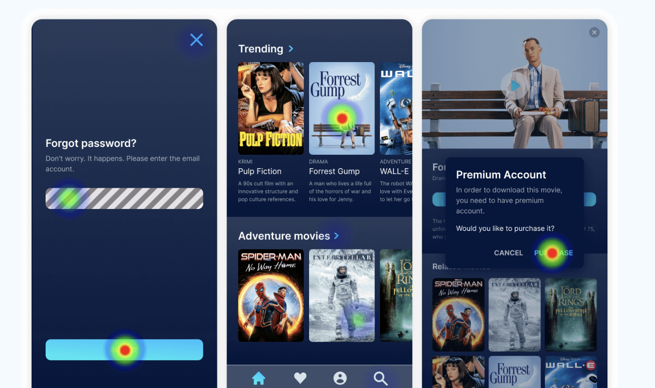 Heatmap analysis of a movie streaming app across three screens: a forgot password flow, a trending and adventure movies browse page, and a Premium Account upsell modal with click concentration on the Purchase button.