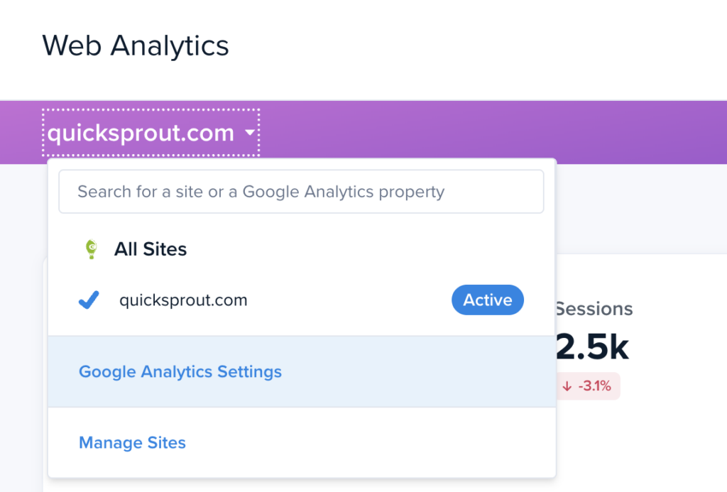 Screenshot of Web Analytics dashboard in Crazy Egg, with sites dropdown showing options to connect Google Analytics 4.