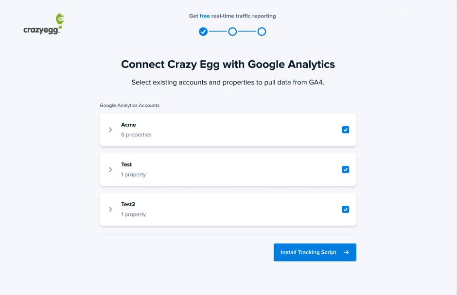 Screenshot of Crazy Egg's Web Analytics, tool, with a menu to select Google Analytics properties to connect.