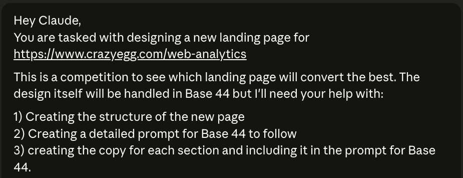 Dark-mode chat prompt instructing Claude to design a new landing page for Crazy Egg's web analytics product for A/B testing.