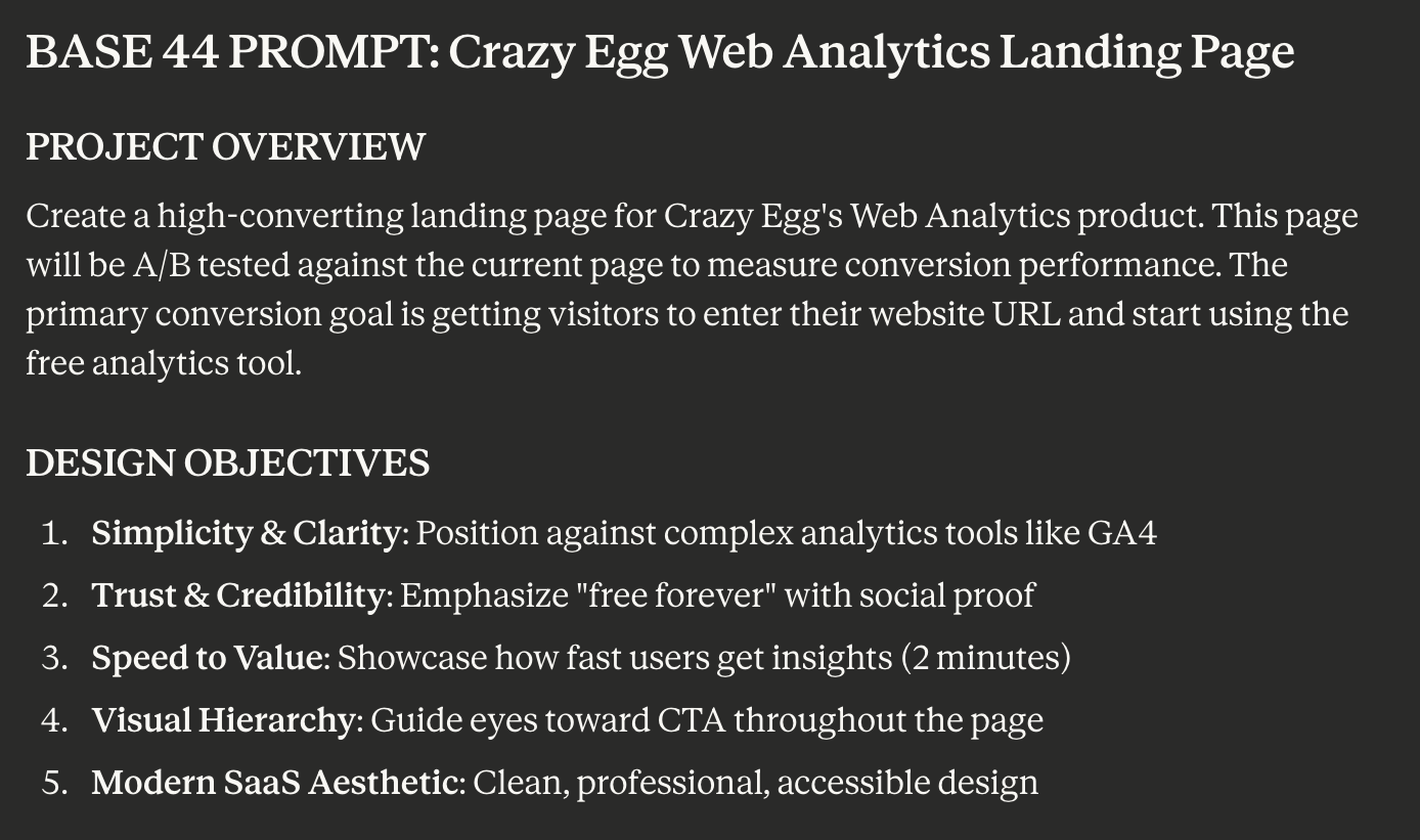 Project overview document titled "BASE 44 PROMPT: Crazy Egg Web Analytics Landing Page" outlining design objectives and conversion goals.