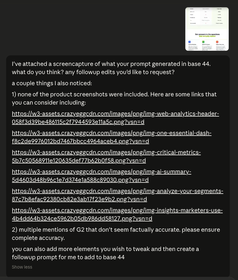 Chat message containing feedback notes and reference links related to the web analytics landing page redesign.