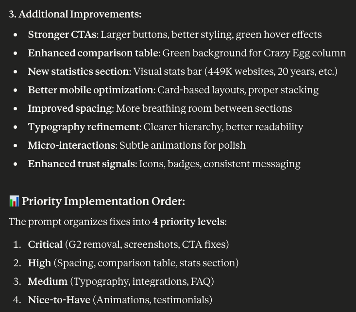 Text document outlining implementation priorities and improvements for a web analytics landing page, including CTA fixes, spacing adjustments, and typography refinements.