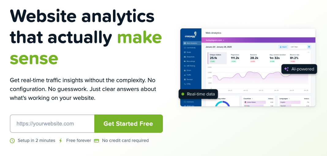 Hero section for Crazy Egg Web Analytics featuring headline "Website analytics that actually make sense" alongside an analytics dashboard screenshot.