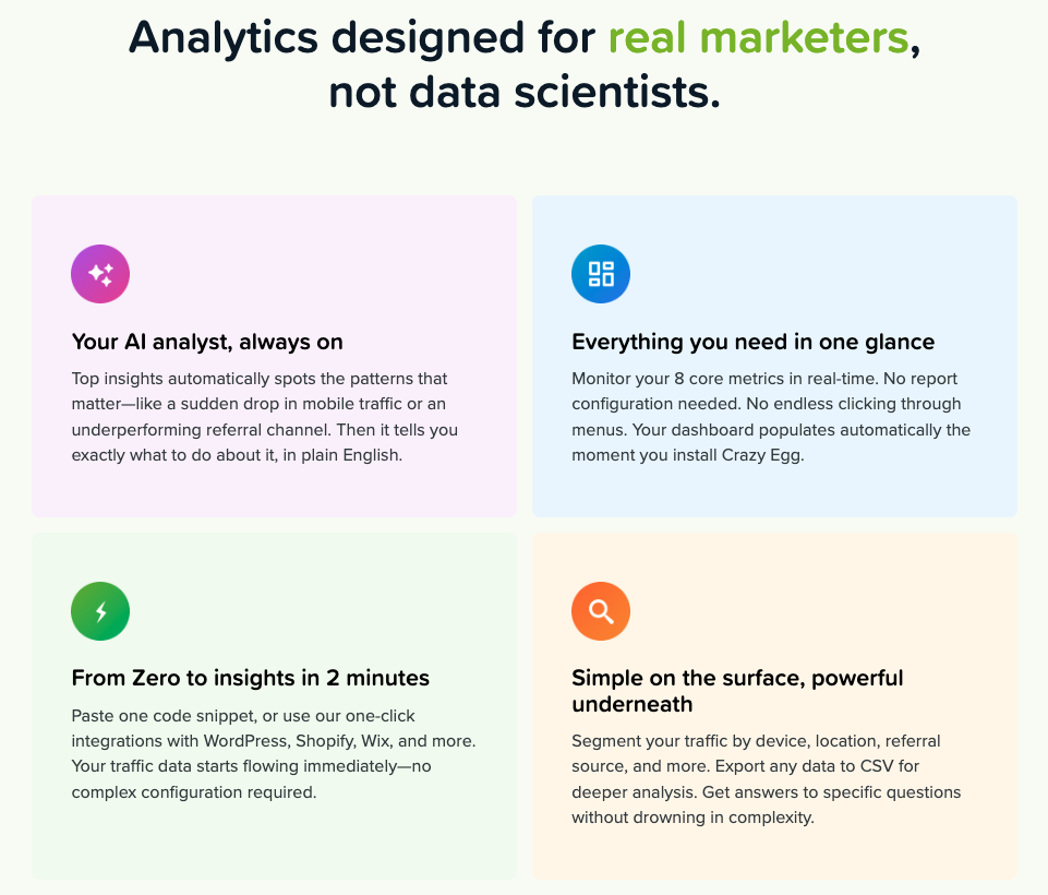 Four-card feature grid for a web analytics product highlighting AI analyst, real-time metrics, quick setup, and segmentation capabilities.