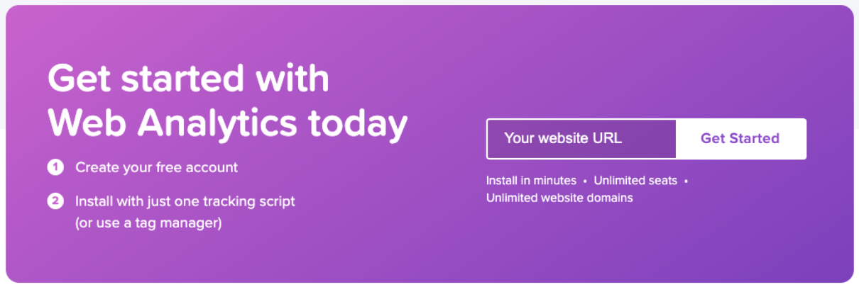 Purple call-to-action banner reading "Get started with Web Analytics today" with a website URL input field and Get Started button.