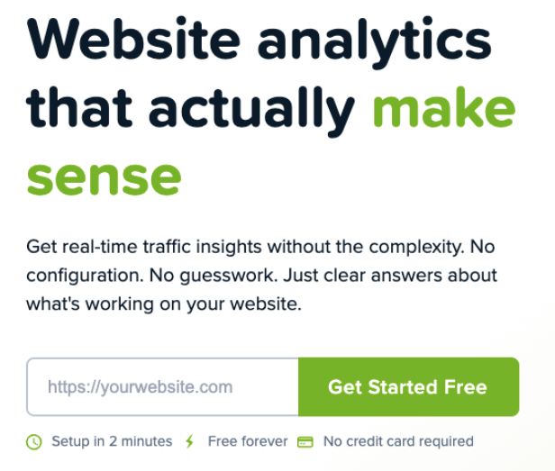 Close-up of the landing page hero section with headline "Website analytics that actually make sense" and a green "Get Started Free" button.