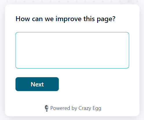 Crazy Egg survey popup asking "How can we improve this page?" with a text field and Next button.