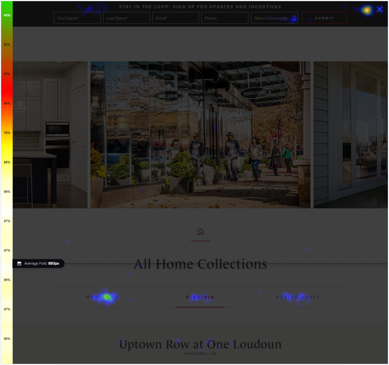 Scroll heatmap of a home collections website showing low engagement below the fold.