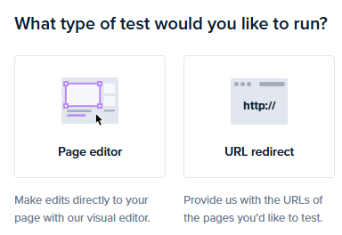 A/B test type selection screen with Page Editor and URL Redirect options.