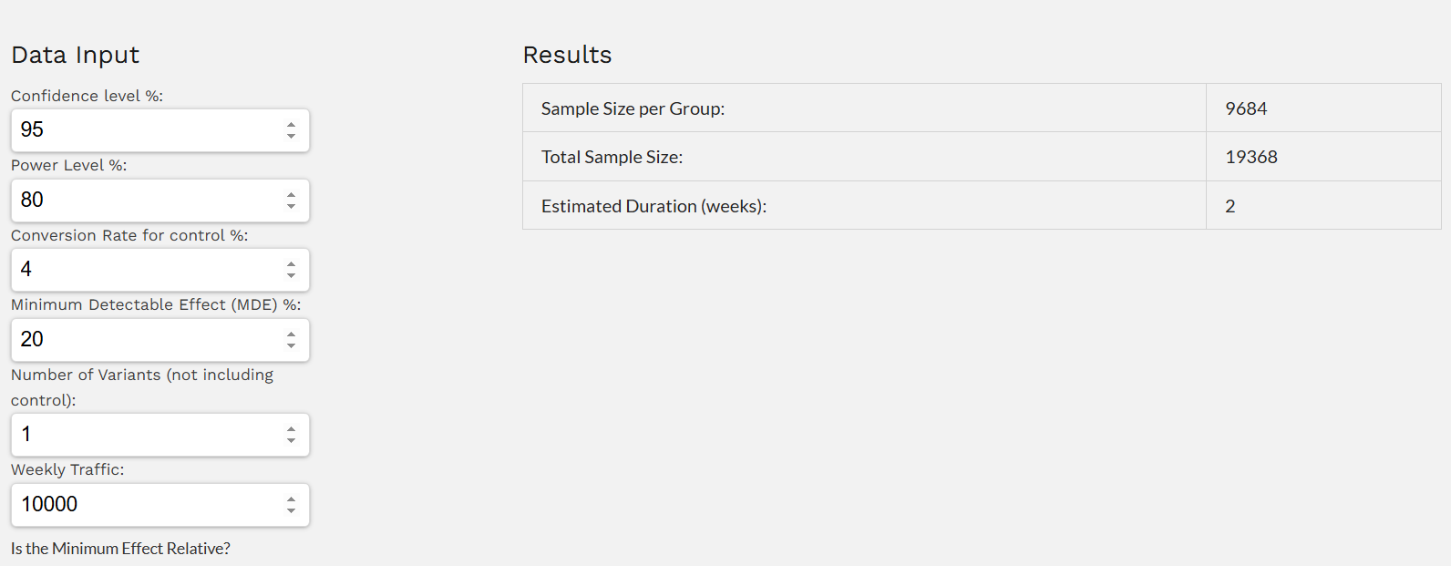 Sample size calculator showing inputs for confidence level and MDE with results of 9,684 per group.