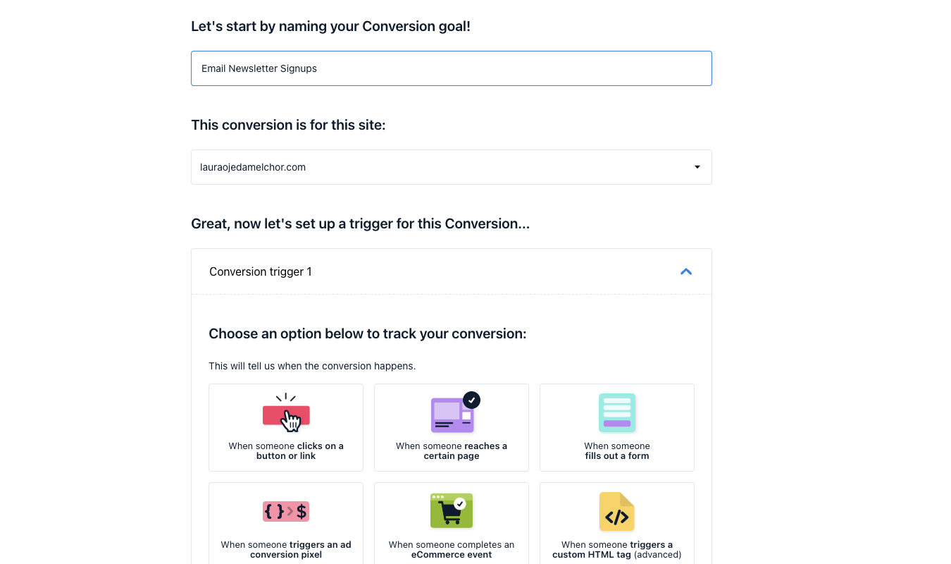 Form to create a conversion goal in Crazy Egg.