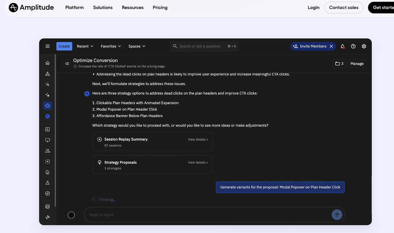 Amplitude page showing a chat to optimize conversion.