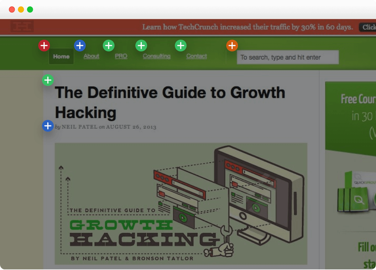 Click map overlay on a webpage showing click density with green plus icons on navigation menu items and page elements.