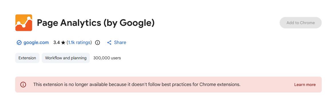 Screenshot of the Page Analytics by Google Chrome extension listing on the Chrome Web Store.