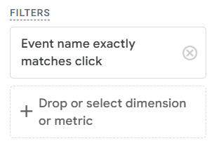 A Google Analytics filter configuration panel showing a filter set to "Event name exactly matches click," with an option to drop or select an additional dimension or metric.