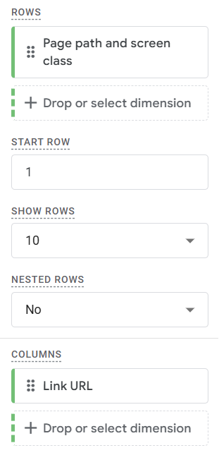 Google Analytics report builder panel showing configuration options for rows set to "Page path and screen class," columns set to "Link URL," and display settings for start row and number of rows.