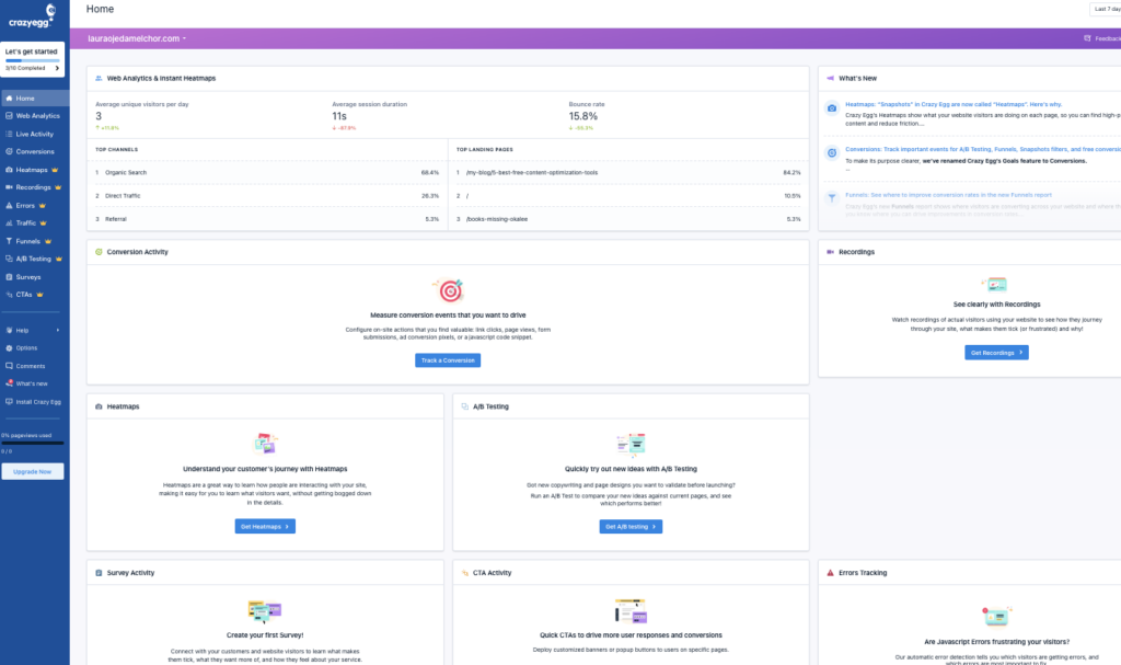 Crazy Egg dashboard for laurajgedamelchor.com - showing basic web analytics metrics (3 avg daily visitors, 11s avg session, 15.8% bounce rate).