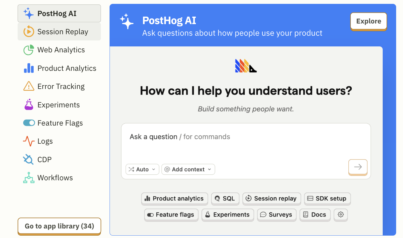 PostHog AI interface showing their AI-powered analytics tool with natural language querying capabilities.