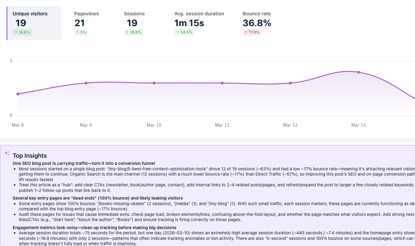Detailed analytics view showing a week of data (Mar 8-13) with 19 unique visitors, along with "Top Insights" that include specific recommendations about SEO blog posts, dead-end pages, and tracking issues.