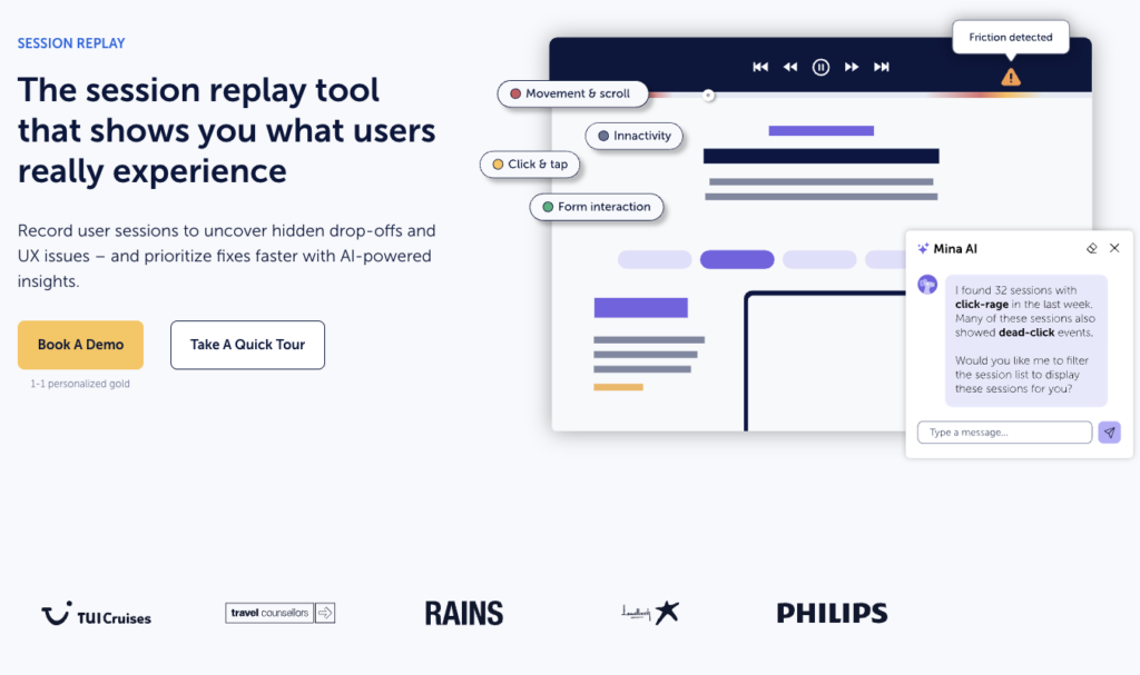 Mouseflow session replay tool with AI-powered friction detection and Mina AI assistant.