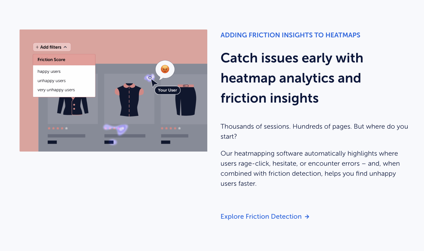 Mouseflow heatmap interface with friction score filters for user behavior analysis.