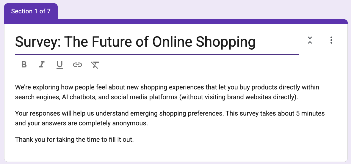 Screenshot for a survey about the future of online shopping.