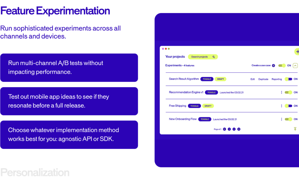 AB Tasty feature experimentation dashboard showing active experiments and testing options.
