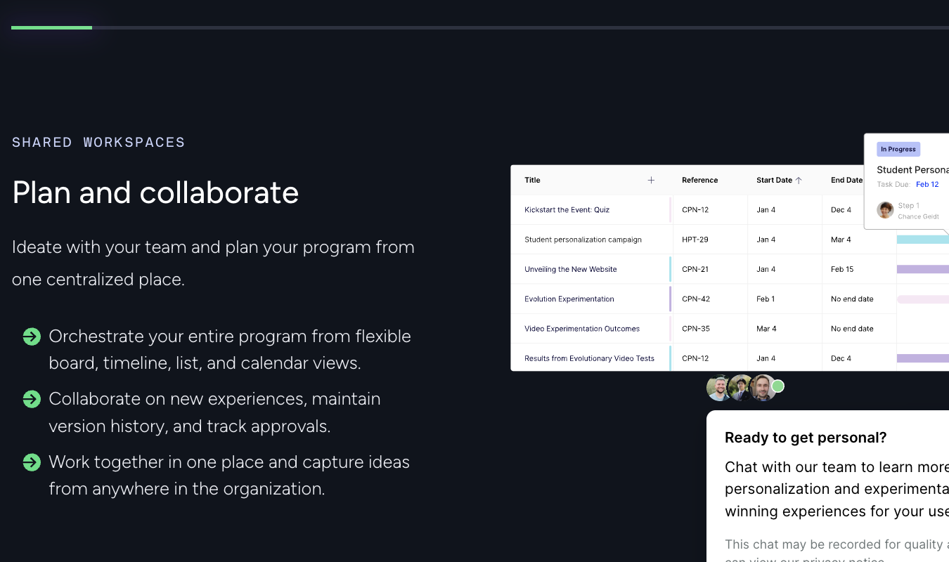Optimizely shared workspace showing campaign planning board with timelines and team collaboration.