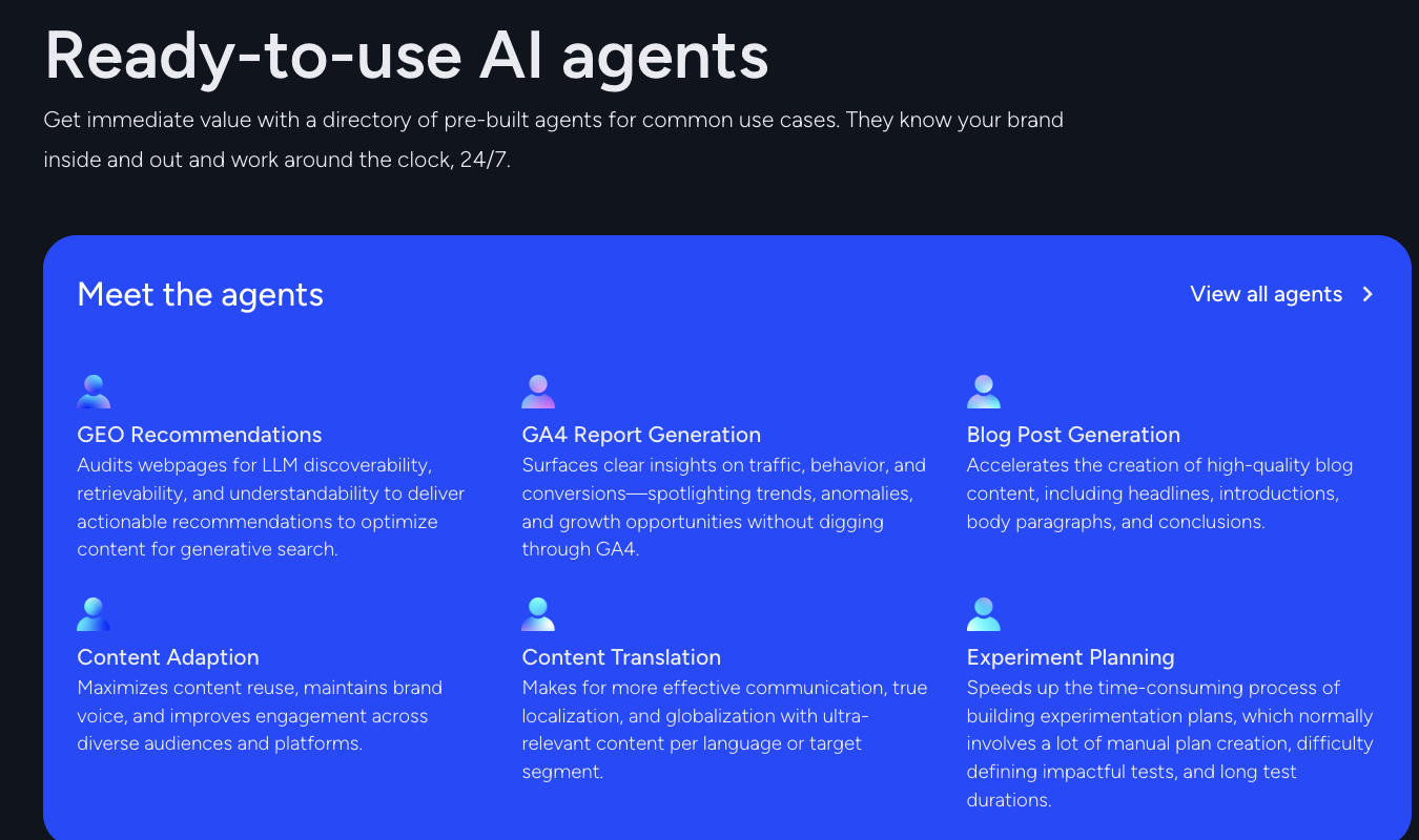 Optimizely AI agents directory displaying pre-built tools for content creation and experimentation.