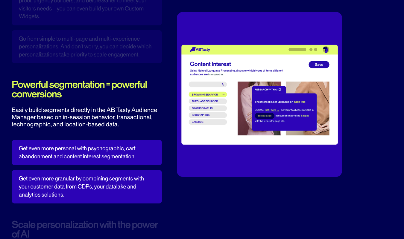 AB Tasty audience segmentation interface with behavioral targeting categories.
