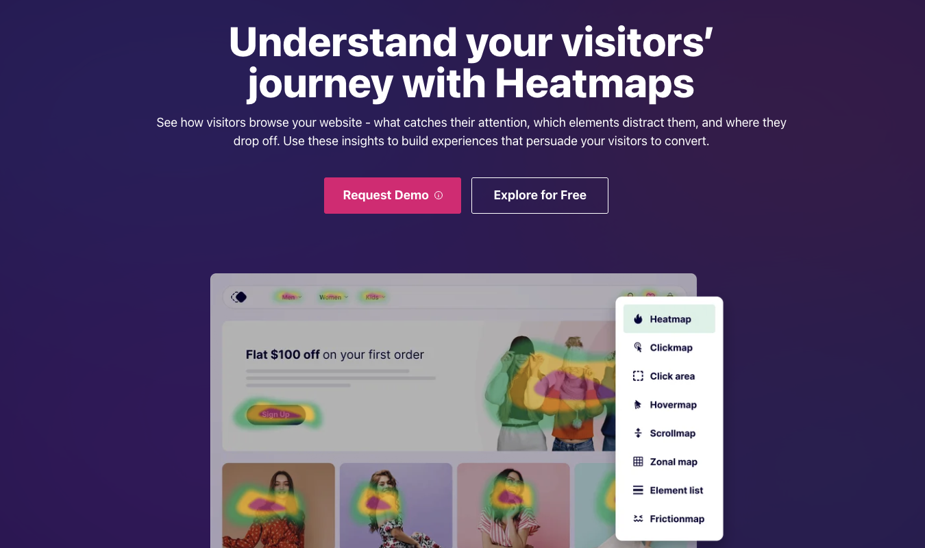 VWO heatmap dashboard displaying visitor interaction tracking options.