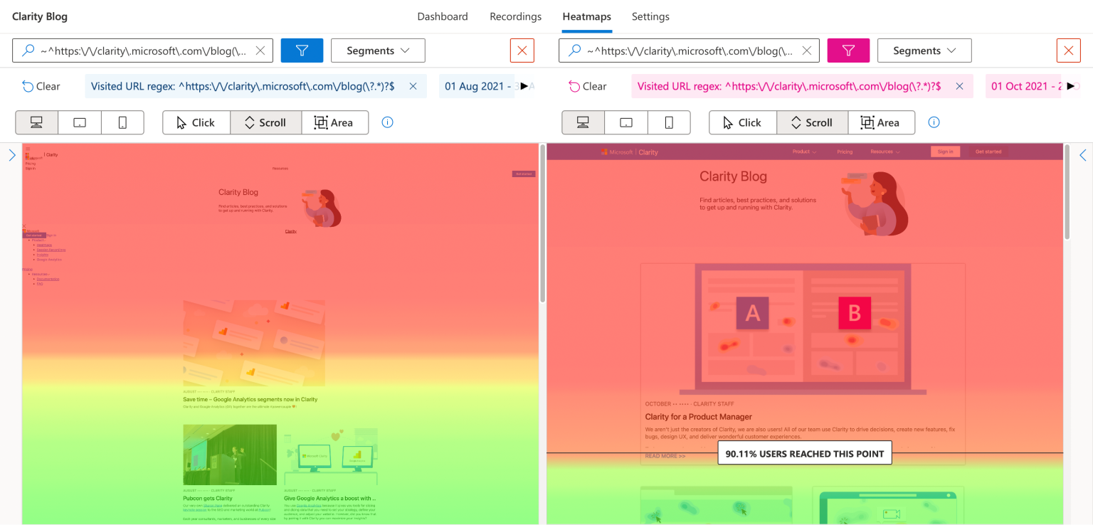 Side-by-side Microsoft Clarity heatmap views of the Clarity Blog page.